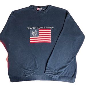 Vintage Chaps Ralph Lauren XL Blue Knit USA Flag Pull Over 90s Spell Out Sweater